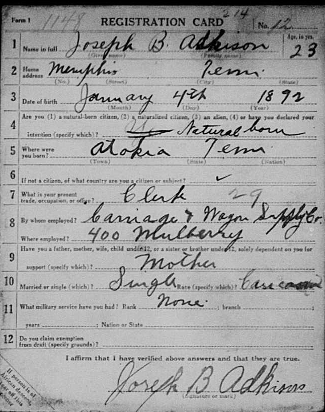Who Lived in Pur Home - Joseph B Adkison World War I draft card - pg 1